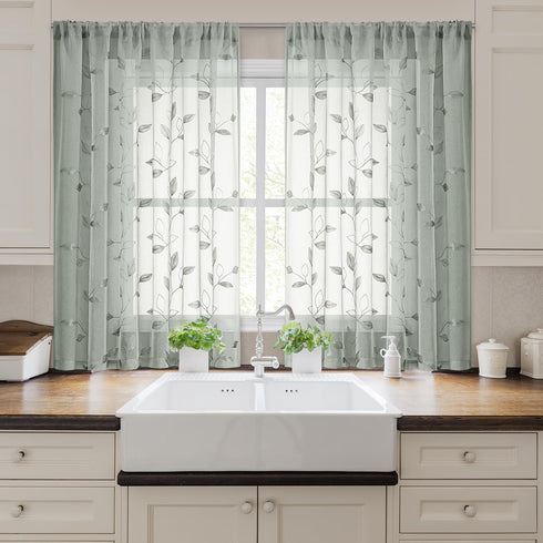 HOMEIDEAS Sage Green Sheer Curtains 52 x 54 Inch Length 2 Panels Embroidered Leaf Pattern Short Curtains for Bedroom Half/Small Window Rod Pocket ...