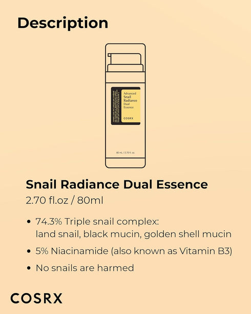 COSRX Niacinamide 5% + Snail Mucin 74% Dual Essence, Anti aging Face Serum for Dull Skin, Hydrating, Brightening, Repairing, 2.70 fl.oz / 80ml, Se...