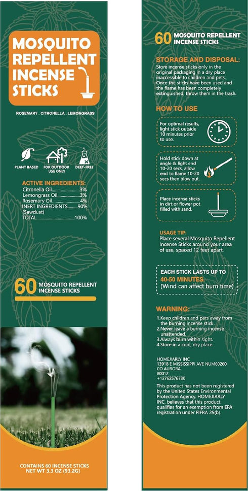 Mosquito Repellent Incense Sticks Outdoor Patio, 60pcs Citronella Repellent Incense Sticks, Deet Free Natural Organic Mosquito Barrier Mosquito Re...