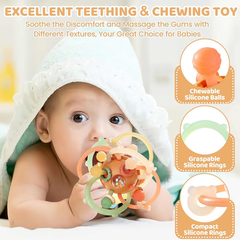 Orzbow Baby Sensory Teething Teether Toys, Infant Montessori Toys, Silicone Baby Rattle Balls Toys, Baby Chew Toys for 3-6-12-18 Months Sucking Ne...