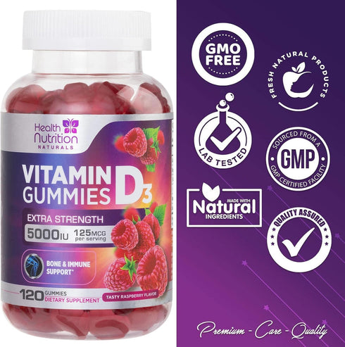 Vitamin D3 Gummies Extra Strength 5000 IU (125 mcg) - Bone, Teeth, Muscle & Immune Support Vitamin D Gummy Dietary Supplement, Nature's Berry Vita...