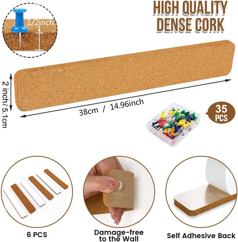 6Pack Cork Board Bar Strips for Wall,15x2inch-1/2inch Thick Self Adhesive Bulletin Bar Strips with 50 Push Pins for Paste Notes,Photos, Schedules,...