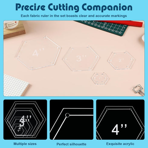 4 Pcs Quilting Rulers 4 Sizes Sewing Rulers Clear Quilting Templates for Fabric Cutting Crafts Supplies (Hexagon,1 Inch, 2 Inch, 3 Inch, 4 Inch)...