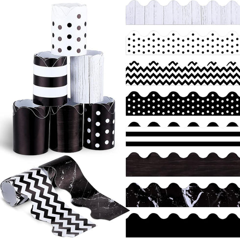 8 Style White and Black Bulletin Board Borders Back to School Bulletin Board Decorations School Classroom Decorations Board Trim for Classroom Sch...