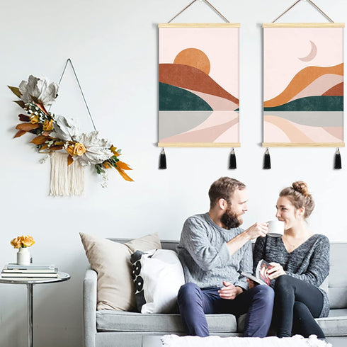 Boho Prints Wall Art Bedroom Aesthetic,16x24 In Set of 2 Wood Magnetic Poster Hanger Framed Wall Canvas Art,Hanging Picture Frame Sun and Moon Wal...