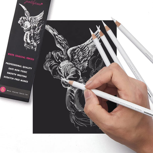 Professional White Charcoal Pencils Set - 6 Pieces Sketch Highlight White Pencils for Drawing, Sketching, Shading, Blending, White Chalk Pencils f...