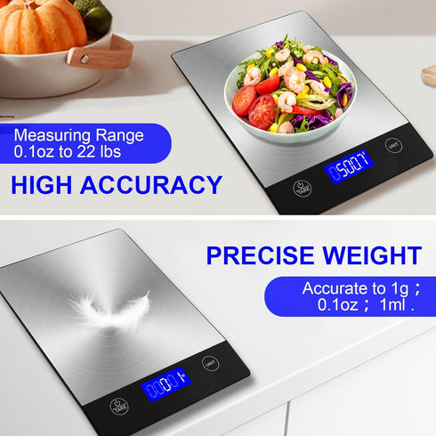 Rechargeable Food Scale, 22lb Digital Kitchen Scale for Food in Gram and Ounce, 0.1oz/1g Precise, 304 Stainless Steel, Perfect for Meal Prep, Cook...