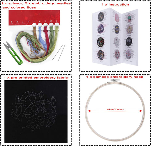 Sanlykate Full Range Embroidery Starter Kit - Embroidery Cloth with Pattern and Instructions, including Bamboo Hoop, Color Threads, Tools Kit for ...