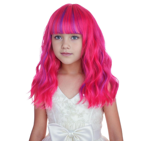 Kids Hot Pink Mixed Purple Wig Child Short Pink Purple Wig with Air Bangs Purple Pink Wavy Curly Wig for Girls Heat Resistant Synthetic Wig with W...