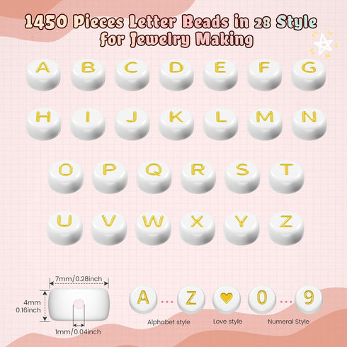 1450 Pieces Letter Beads Kit, 4x7 mm Gold Acrylic Alphabet Beads Letter Beads for Jewelry Making Number Beads Heart Beads Friendship Bracelet Bead...