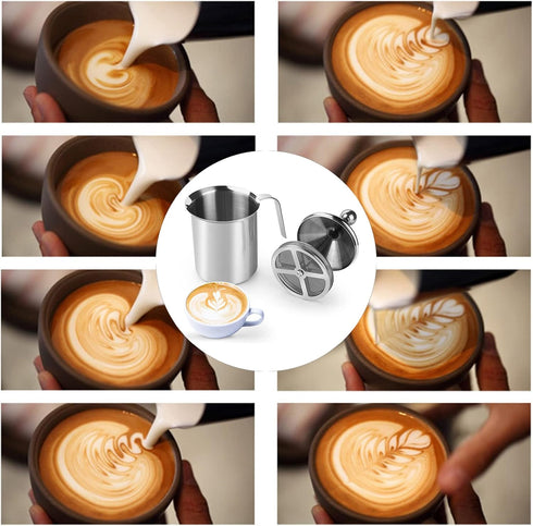 14-Ounce Stainless Steel Manual Milk Foamer, Hand Pump Coffee Milk Frothing Pitchers with Filter Screen For Cappuccino Coffee Latte Hot Chocolate...