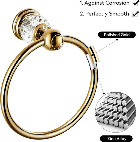 WINCASE Crystal Towel Ring, Gold Towel Holders for Bathrooms, Round Hand Towel Rack Wall Mounted Decorative...