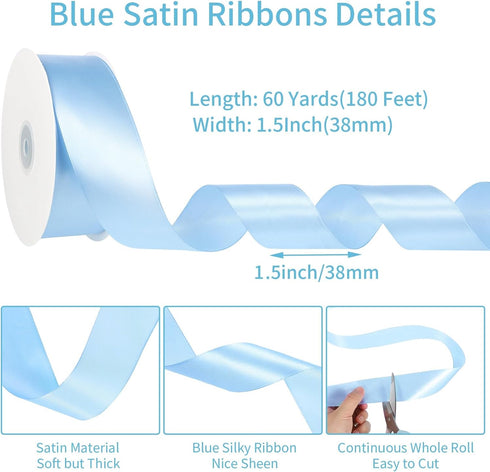 Blue Ribbon, 60 Yards 1 1/2 Inch Light Blue Ribbon Baby Blue Satin Ribbon for Gift Wrapping Wedding Invitation Flower Bouquet Crafts Party Home De...