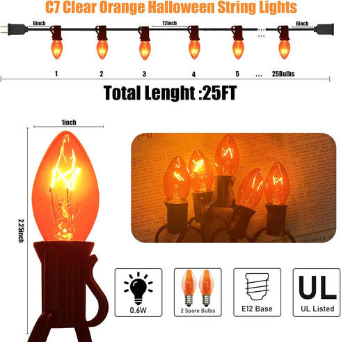 C7 String Lights,25FT Orange Halloween Christmas String Lights for Outdoor Indoor Use,25 Clear C7 Orange Bulbs String Lights-Black Wire...