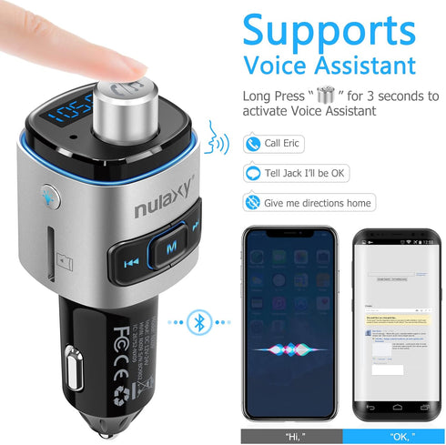 Nulaxy Bluetooth FM Transmitter for Car, QC3.0 Fast Charge Bluetooth Car Adapter, Wireless Radio Car Kit with 7 Color LED Backlit, Support Hands-F...