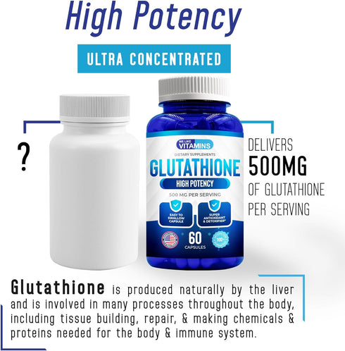 We Like Vitamins Glutathione 500mg Per Serving | Manufactured in USA | 60 Glutathione Capsules | Highly Bioavailable Reduced Glutathione Supplemen...