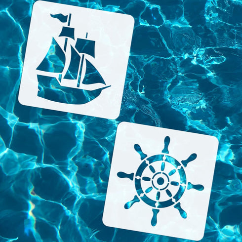 FINGERINSPIRE 9 Pcs Pirate Theme Stencil Sets 5.9x5.9 inch Pirates Machetes Skeletons Stencils Plastic Steering Wheel Parrots Treasure Chest Patte...