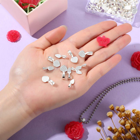 Yaomiao 100 Pieces Spoon Glue on Bails Pendant Jewelry Bails Shiny Silver Color Oval Heart Shape Glue on Necklace Earring Pendant Small Spoon Char...