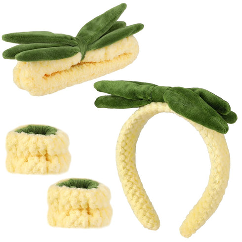 4 PCS Pineapple Face Wash Headband and Wristband Set, Creative Fuzzy Skincare Headbands Coral Fleece Hair Costume Accessories for Women Girls Wash...