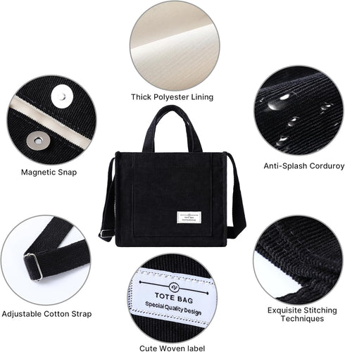 Tote Bag for Women, Small Casual Fashion Corduroy Shoulder Bag, for Work Travel Crossbody Bag Handbag with Pocket...