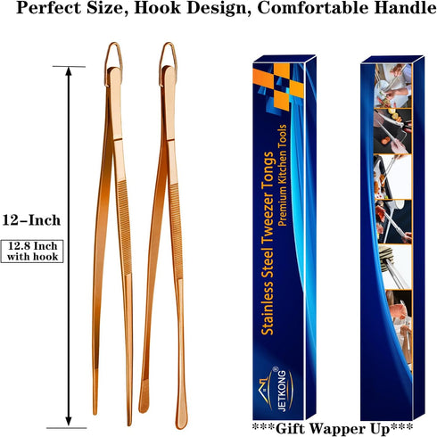 JETKONG 2 Pcs 12-Inch Kitchen Tweezers Cooking Tweezer Tongs Stainless Steel Long Food Tweezers (Rose Gold)...