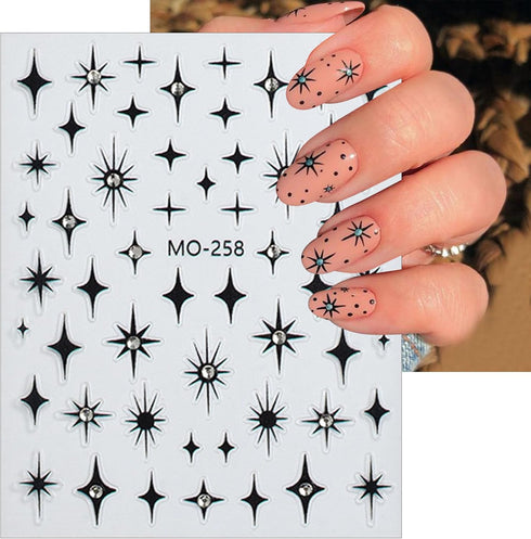 Star Nail Stickers 3D Self-Adhesive Black Silver Star Nail Art Stickers Shiny Crystal Starshine with Rhinestones Nail Design Star Stickers Nail Su...