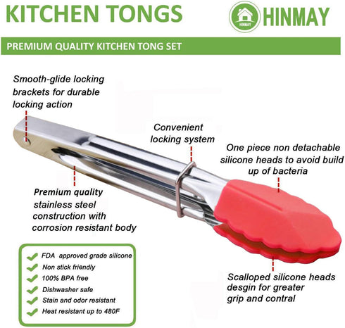 Small Tongs with Silicone Tips 7 Inch Kitchen Tongs, Set of 3 (Red)...
