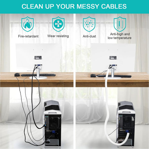 20ft - 1/2 inch White Cable Sleeve, Cable Organizer for Desk PC TV Computer, Wire Protector Cable Wrap Cover, Cord Management for Home Office...