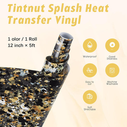 Tintnut Splash Heat Transfer Vinyl Roll - 12 Inch x 5ft Black Gold Watercolor Ink Patterned HTV Splatter Iron On Vinyl DIY T-Shirts Hats Clothes C...