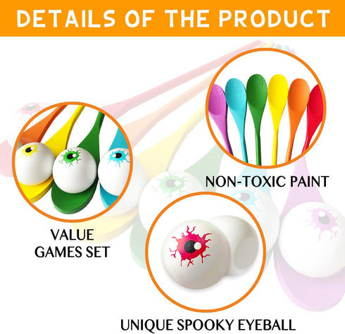 Easter Egg and Spoon Race Game 6 Players, Halloween Eyeball and Spoon Relay Race Games for Kids & Adults, Wooden Spoon Game Egg Game for Party Car...