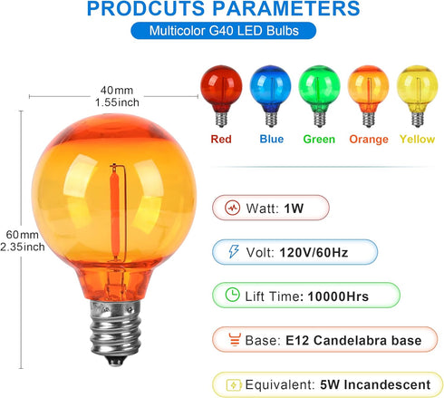 Multi Color G40 Light Bulbs LED for Outdoor String Light 1W Replacement 5W Globe Edison Bulb Shatterproof Christmas Plastic 120V E12 Screw Base RE...