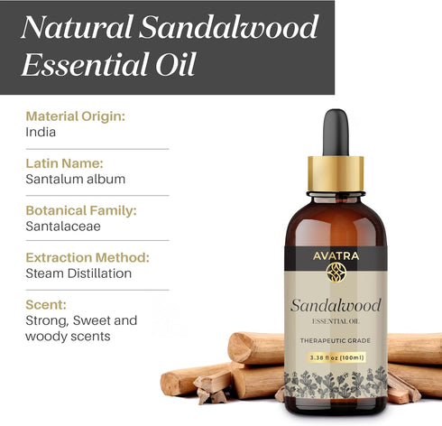Avatra Sandalwood Essential Oil for Skin, Aromatherapy, & Diffuser | Natural Oil for Humidifier, Soap, & Candle Making | Premium Grade with Glass ...