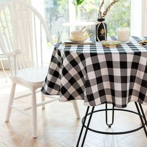 Buffalo Plaid Round Tablecloth Checkered Cotton Linen Table Cover for Kitchen Dining Room Home Decor ( Round - 48 Inch, White & Black )...