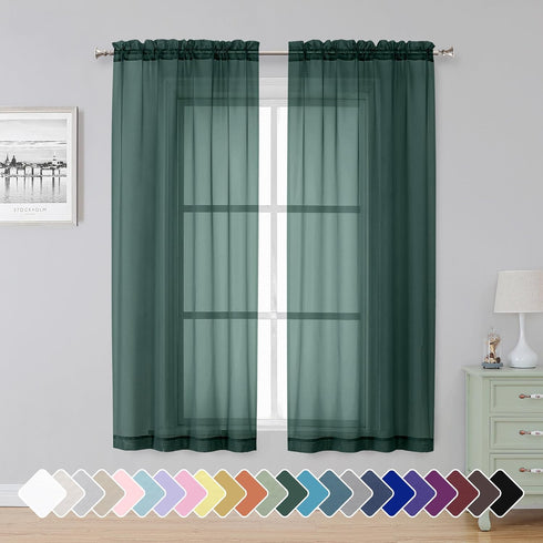 Hunter Green Sheer Curtains 63 Inch Length 2 Panels, Rod Pocket Solid Color Window Sheer Curtain Panels, Elegant Curtains & Drapes for Living Room...