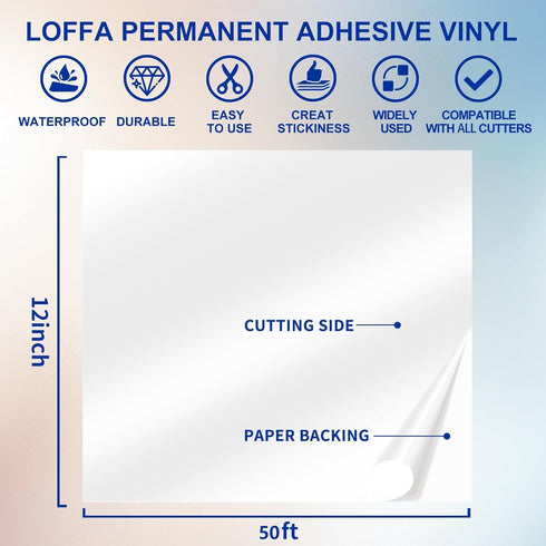 White Permanent Vinyl 12" x 10ft Roll, Glossy Adhesive Vinyl for All Cutter Machines, for Home Decal, Permanent Vinyl for DIY, Art Craft Decor, Cu...