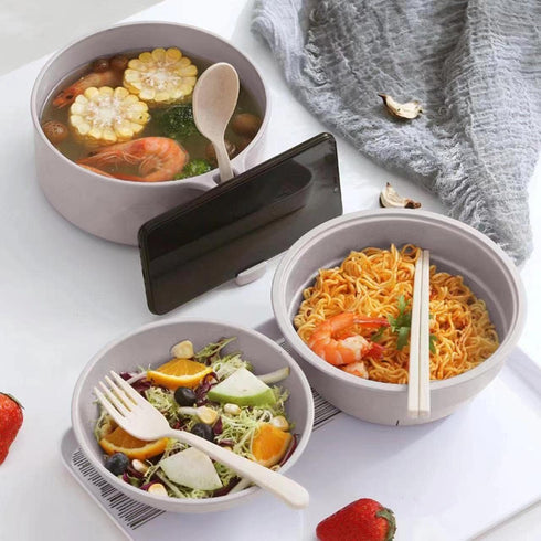 Microwave Ramen Bowl Cooker Set - Wheat Straw Instant Noodles Bowl with Handles, Ramen Noodle Cooker with Spoon Chopsticks Fork, College Dorm Room...