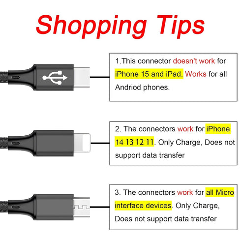 4FT Multi Splitter Charging Cable,3 in 1 Multi Charging Cable Black Nylon Cord,USB C to Lightnning + USB-C + Micro Port for Apple i-Phone 14/13,iP...