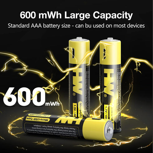 HW Rechargeable Li-ion AAA Battery, Li-ion USB Rechargeable AAA Battery Constant Output 1.5V, 1 Hour Fast Charge with USB Cable,1000 Cycles Charge...