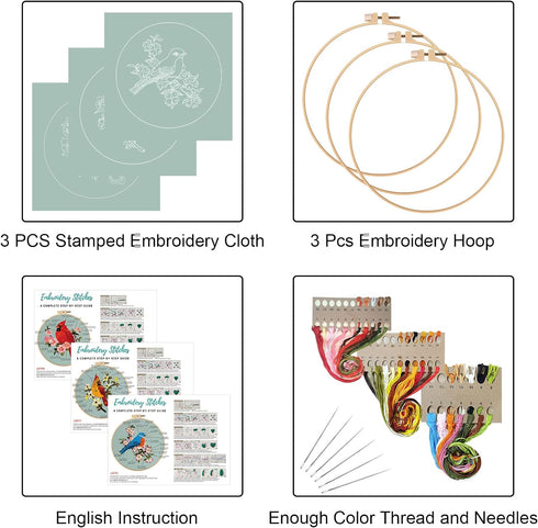 Louise Maelys 3 sets bird Embroidery Kits for Beginners,Adults Starter flower pattern Cross Stitch Kit DIY Needlepoint Kits with embroidery instru...