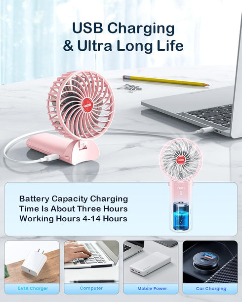 Small Portable Fan Handheld and Rechargeable: Pink Mini Hand Fans 4 Speeds Adjustable Cool Air Wind Multi angle Folding Battery Operated USB Power...