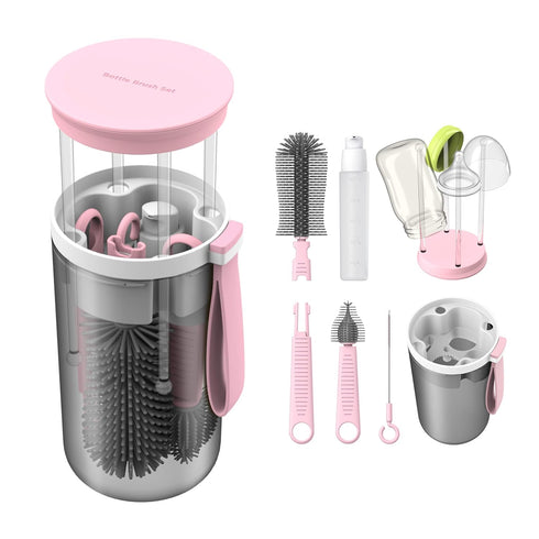 Travel Baby Bottle Brush Set with Extendable Liquid Silicone Bottle Brush?Nipple Brush?Built-in Bottle Drying Rack?Straw Cleaner Brush?Baby Bottle...