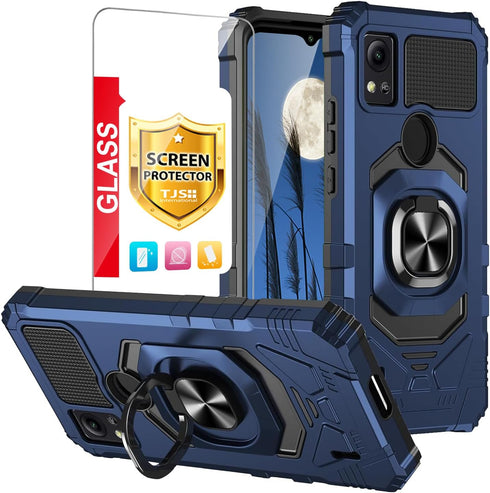 TJS Compatible for Cricket Icon 5 Case, AT&T Motivate 4 Case, with Tempered Glass Screen Protector, Metal Ring Magnetic Support Kickstand Heavy Du...