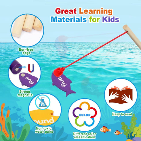 Wooden Magnetic Sight Word Fishing Game for Toddlers, Alphabet Fish Catching Games Puzzle with Letters, Homeschool Sight Word Educational Toy for ...