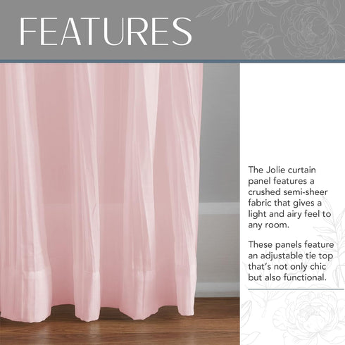 Elrene Home Fashions Jolie Crushed Semi-Sheer Window Curtain, Adjustable Tie-Top Single Panel, 52" x 84" (1 Panel), Blush...