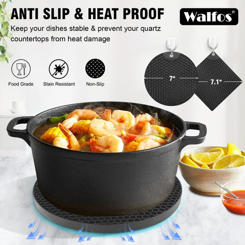 Walfos Silicone Trivet Mats - 4 Heat Resistant Pot Holders, Multipurpose Non-Slip Hot Pads for Kitchen Potholders, Hot Dishers, Jar Opener, Spoon ...