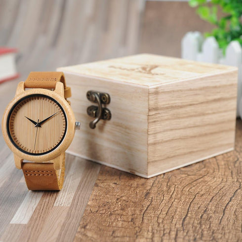 BOBO BIRD Men's Women's Bamboo Wooden Watch with Brown Cowhide Leather Strap Analog Quartz Casual Watches...