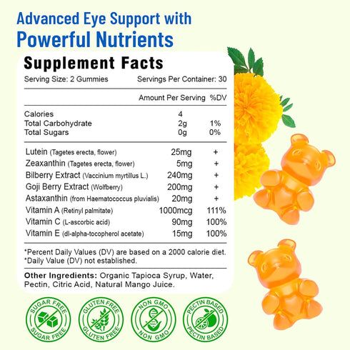 Eye Vitamins Lutein & Zeaxanthin Gummies, Sugar Free Eye Health Supplements with Bilberry, Astaxanthin - Support Blue Light, Visual Function and M...
