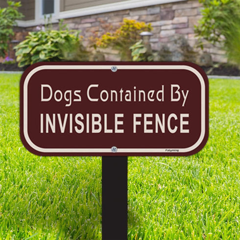 2 Pack Dogs Contained by Invisible Fence Signs 12 x 6 Inches Dog Warning Yard Signs Metal Reflective Sturdy Rust Aluminum Waterproof Easy to Insta...