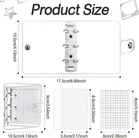 2 Sets Mini 3 Ring Binder Transparent Covers with Mini Binder Inner Paper Pockets Clear Soft PVC Notebook Closure Loose Leaf Folder Round Ring Bin...