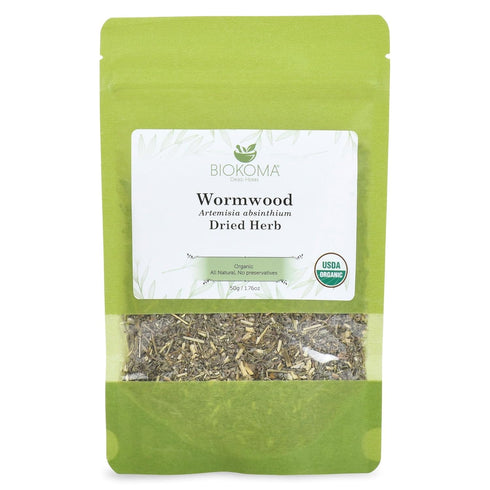 Biokoma Pure and Organic Wormwood Dried Herb 50g (1.76oz) In Resealable Moisture Proof Pouch, USDA Certified Organic - Herbal Tea, No Additives, N...